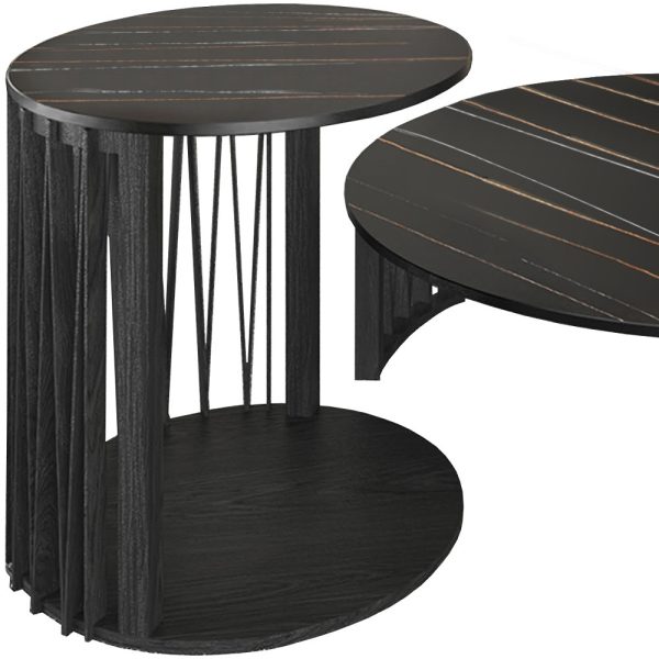 35" Black Marble And Solid Wood Round Nested Coffee Tables - Image 4