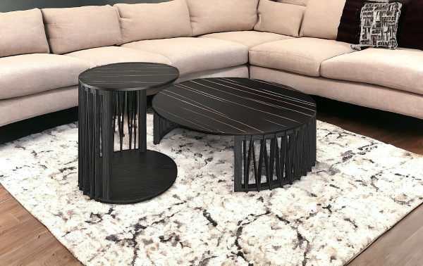 35" Black Marble And Solid Wood Round Nested Coffee Tables - Image 2