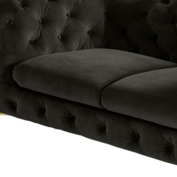 74" Dark Gray And Gold Velour Chesterfield Loveseat - Image 3