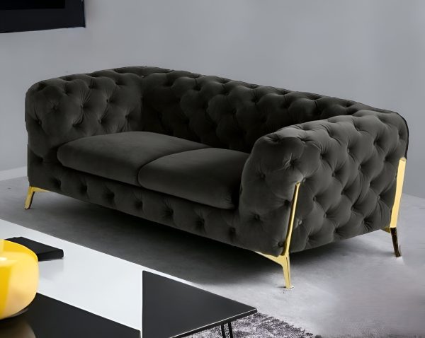 74" Dark Gray And Gold Velour Chesterfield Loveseat - Image 2