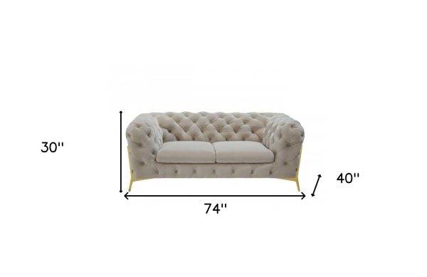 74" Beige And Gold Velvet Chesterfield Loveseat - Image 4