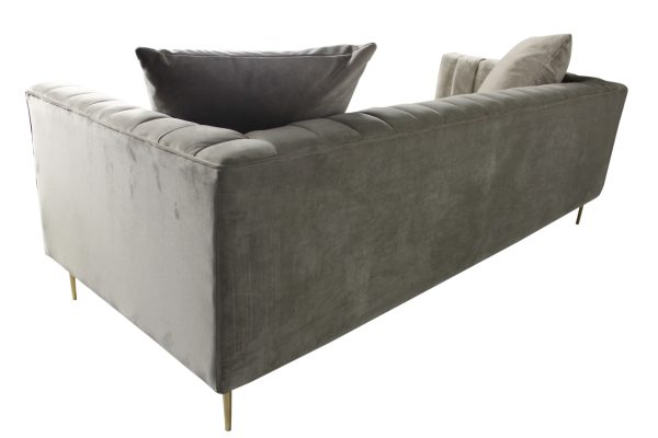 90" Gray Brown Velvet Sofa And Toss Pillows With Gold Legs - Image 4