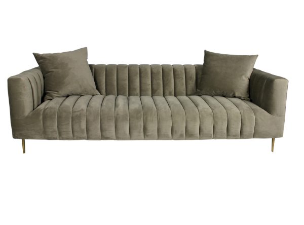 90" Gray Brown Velvet Sofa And Toss Pillows With Gold Legs - Image 2