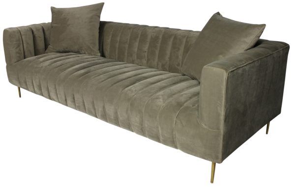 90" Gray Brown Velvet Sofa And Toss Pillows With Gold Legs - Image 3