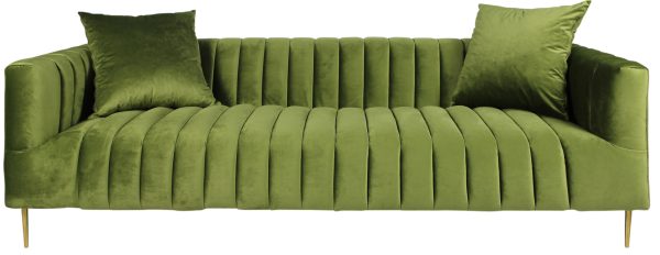 90" Olive Green Velvet Sofa And Toss Pillows With Gold Legs - Image 2