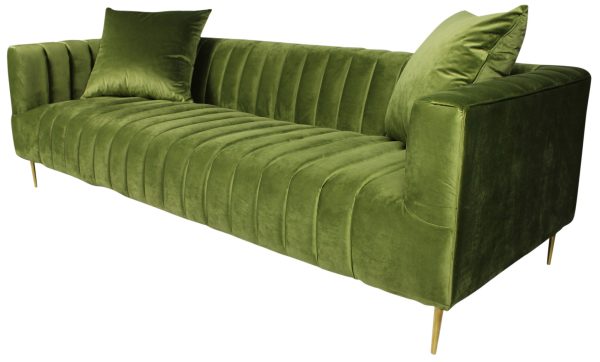 90" Olive Green Velvet Sofa And Toss Pillows With Gold Legs - Image 4