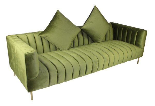 90" Olive Green Velvet Sofa And Toss Pillows With Gold Legs - Image 3