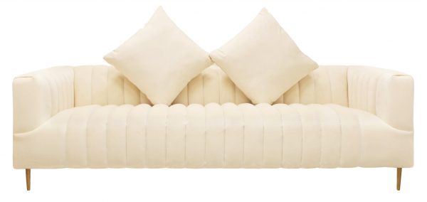 90" Ivory Velvet Sofa And Toss Pillows With Gold Legs - Image 2