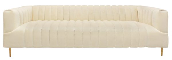 90" Ivory Velvet Sofa And Toss Pillows With Gold Legs - Image 3