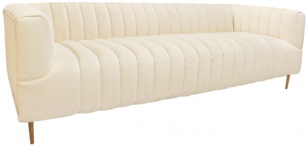 90" Ivory Velvet Sofa And Toss Pillows With Gold Legs - Image 4
