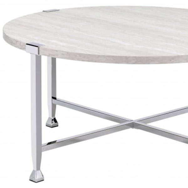 36" Chrome And White Oak Round Coffee Table - Image 4