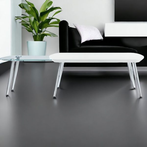 47" White Clear And Silver Wood And Glass Extendable Coffee Table - Image 2