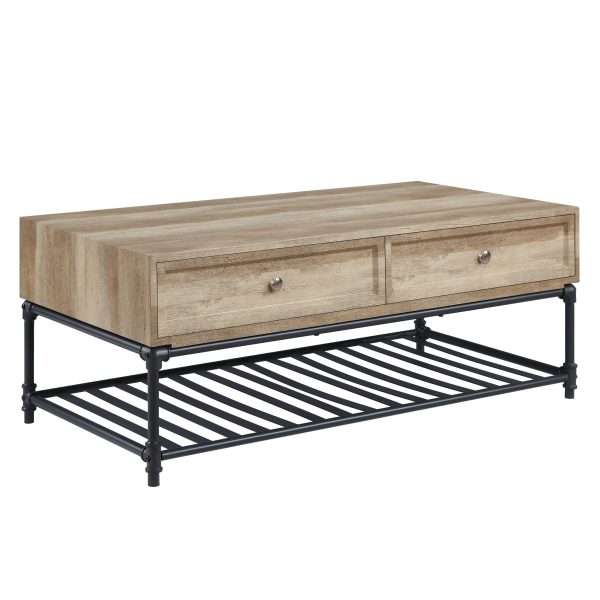 47" Sandy Black And Oak Paper Veneer And Metal Rectangular Coffee Table With Two Drawers And Shelf - Image 3