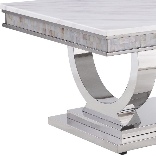 51" White And Silver Faux Marble Mirrored Coffee Table - Image 4