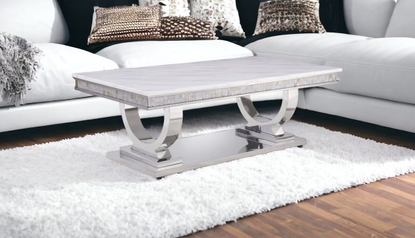 51" White And Silver Faux Marble Mirrored Coffee Table - Image 2