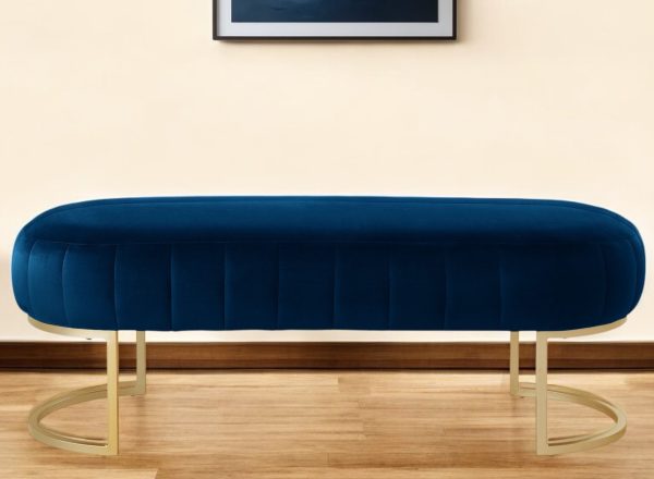 53" Navy Blue and Gold Tufted Velvet Upholstered Bench - Image 2