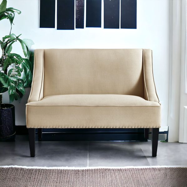 45" Beige and Black Upholstered Linen Bench - Image 2