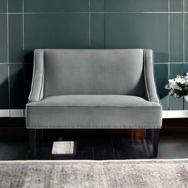 45" Light Gray And Black Upholstered Linen Bench - Image 2