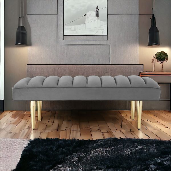 53" Light Gray And Gold Upholstered Velvet Bench - Image 2