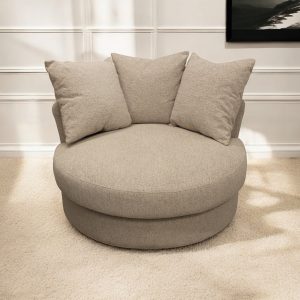 44" Sand Linen Upholstered Swivel Round Accent Chair And Toss Pillows