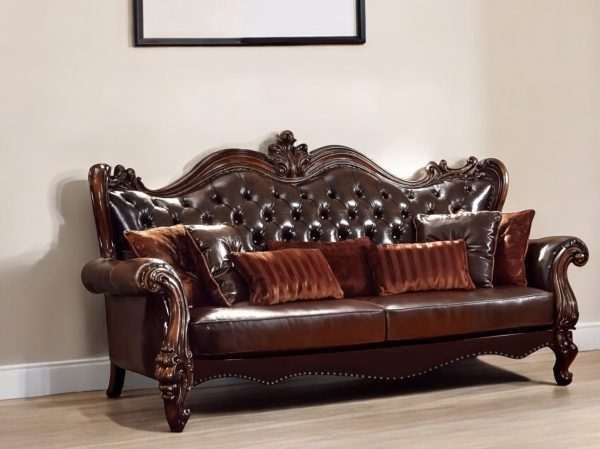 93" Brown Faux Leather Sofa And Toss Pillows With Burgundy Legs - Image 2