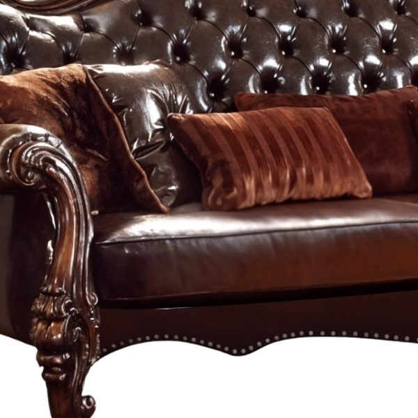 93" Brown Faux Leather Sofa And Toss Pillows With Burgundy Legs - Image 3