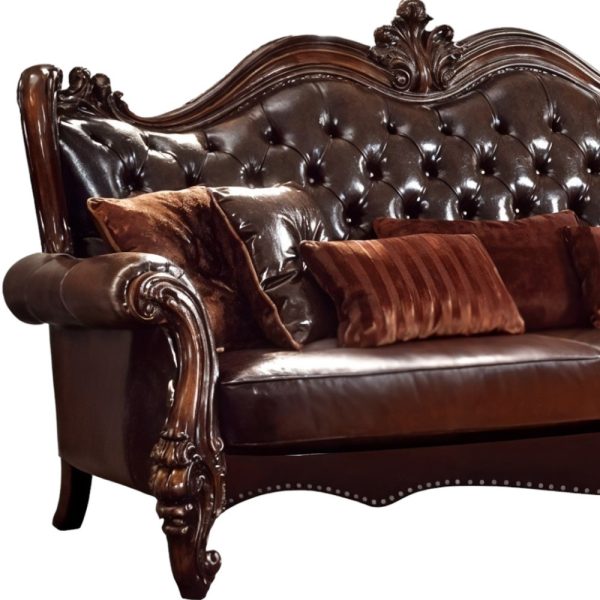 93" Brown Faux Leather Sofa And Toss Pillows With Burgundy Legs - Image 4
