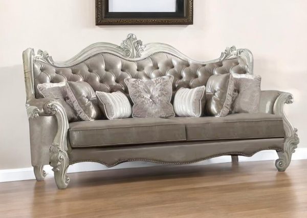90" Gray Faux Leather Curved Sofa And Toss Pillows With Bone Legs - Image 2
