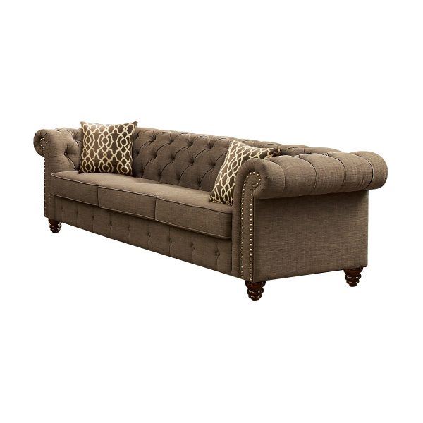 90" Brown Linen Chesterfield Sofa And Toss Pillows - Image 2