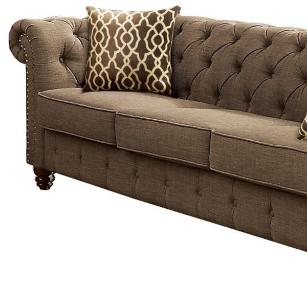 90" Brown Linen Chesterfield Sofa And Toss Pillows - Image 4