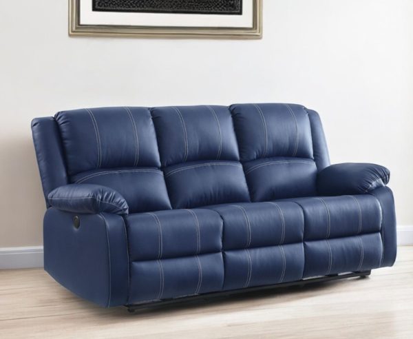 81" Blue Faux Leather Reclining USB Sofa With Black Legs - Image 2
