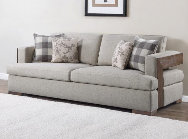 92" Beige Fabric Sofa And Toss Pillows With Brown Legs - Image 2
