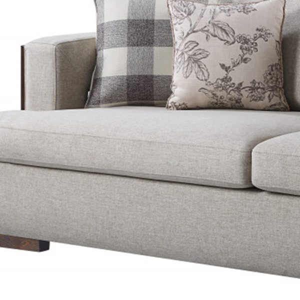 92" Beige Fabric Sofa And Toss Pillows With Brown Legs - Image 3