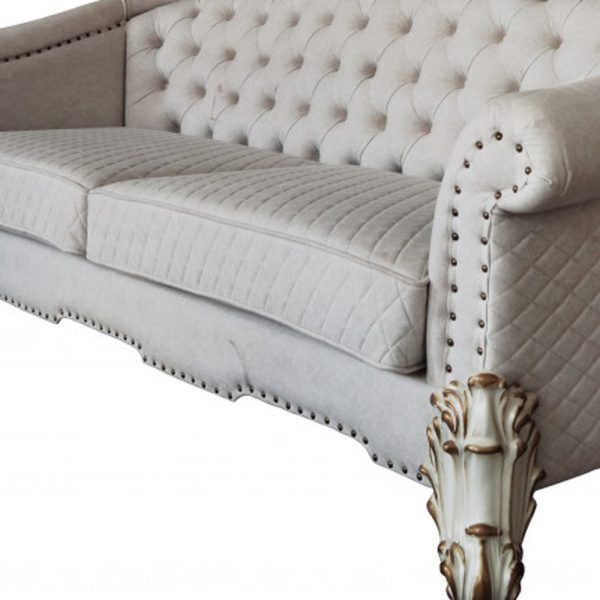 89" Ivory Velvet Sofa And Toss Pillows With Pearl Legs - Image 3