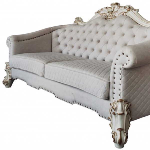 89" Ivory Velvet Sofa And Toss Pillows With Pearl Legs - Image 4