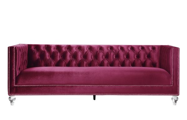 89" Burgundy Velvet Sofa And Toss Pillows With Black Legs - Image 2