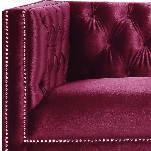 89" Burgundy Velvet Sofa And Toss Pillows With Black Legs - Image 3