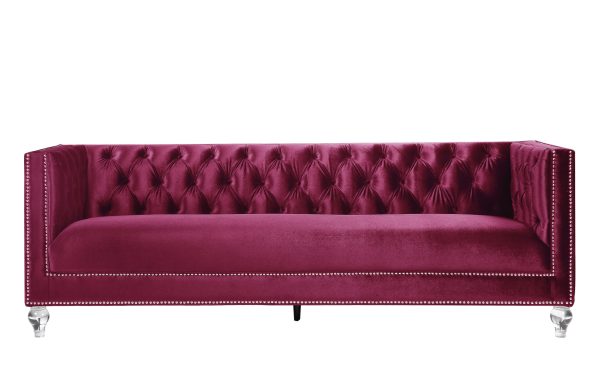 89" Burgundy Velvet Sofa And Toss Pillows With Black Legs - Image 4