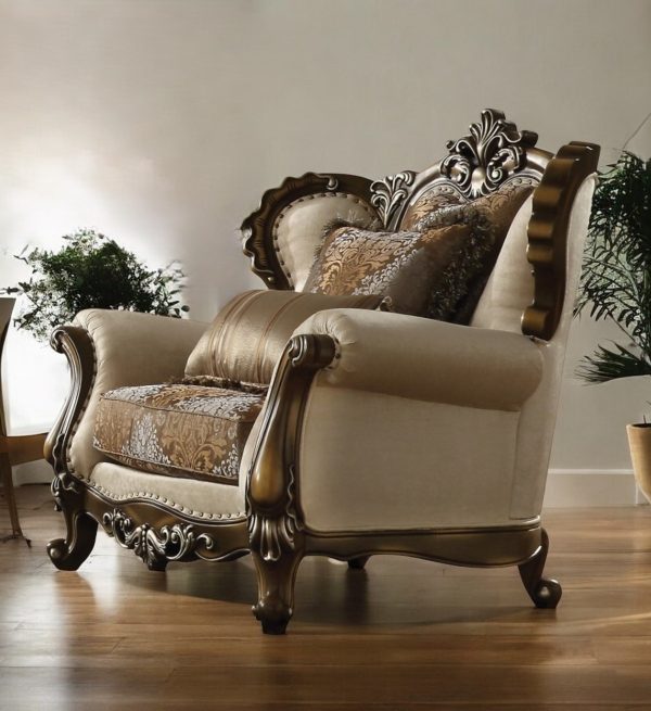 49" Tan And Brown Fabric Floral Tufted Wingback Chair - Image 2