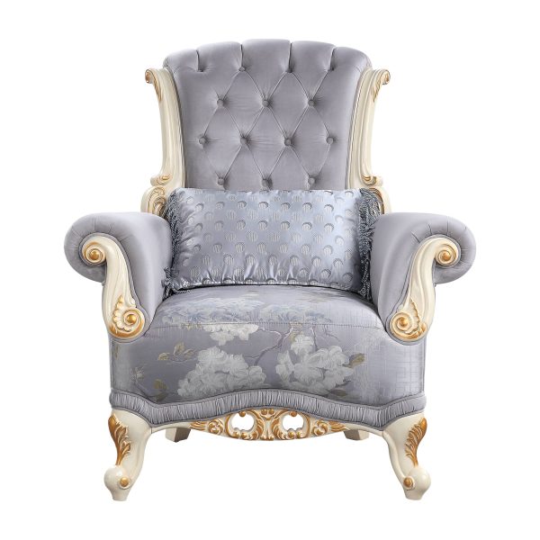 41" Gray And White Fabric Floral Tufted Arm Chair And Toss Pillow - Image 3