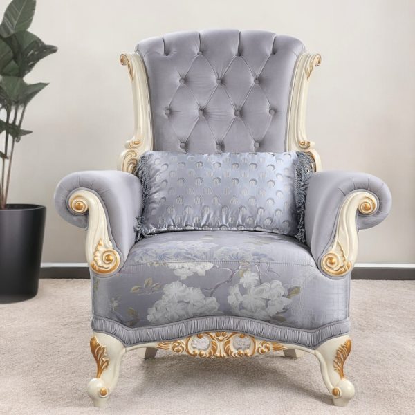 41" Gray And White Fabric Floral Tufted Arm Chair And Toss Pillow - Image 2