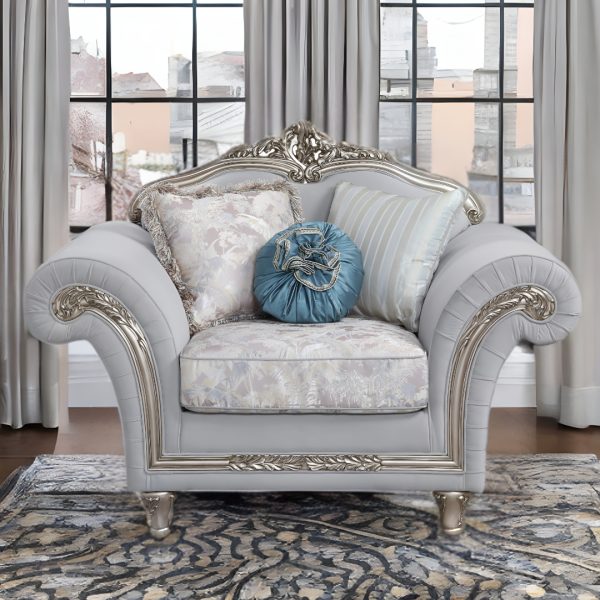 62" Light Gray Linen And Platinum Floral Club Chair - Image 4