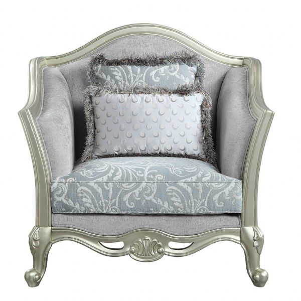 44" Light Gray Linen And Champagne Floral Arm Chair