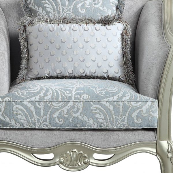 44" Light Gray Linen And Champagne Floral Arm Chair - Image 3