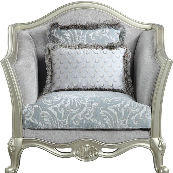 44" Light Gray Linen And Champagne Floral Arm Chair - Image 4