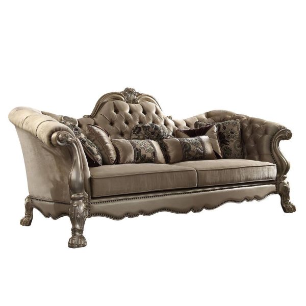 96" Bone Velvet Sofa And Toss Pillows With Gold Legs - Image 2