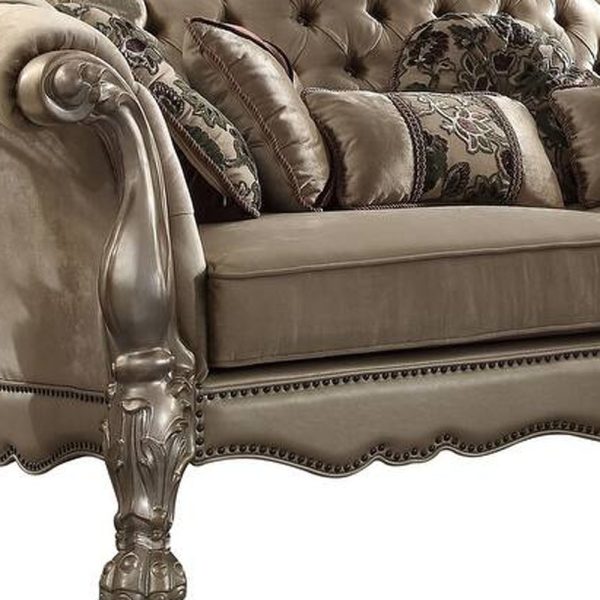96" Bone Velvet Sofa And Toss Pillows With Gold Legs - Image 4