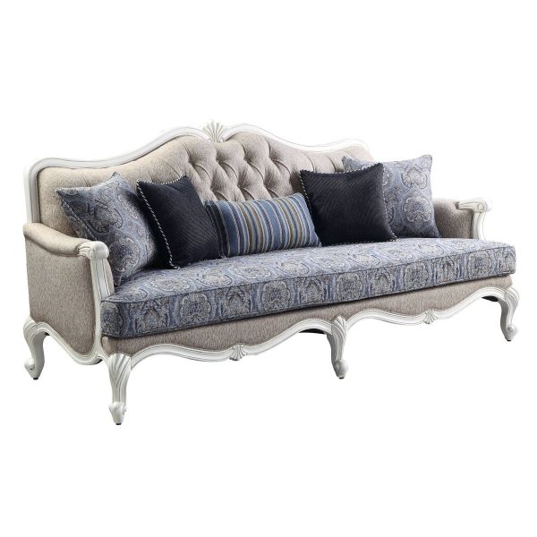 88" Cream Linen Damask Sofa And Toss Pillows With White Legs - Image 2