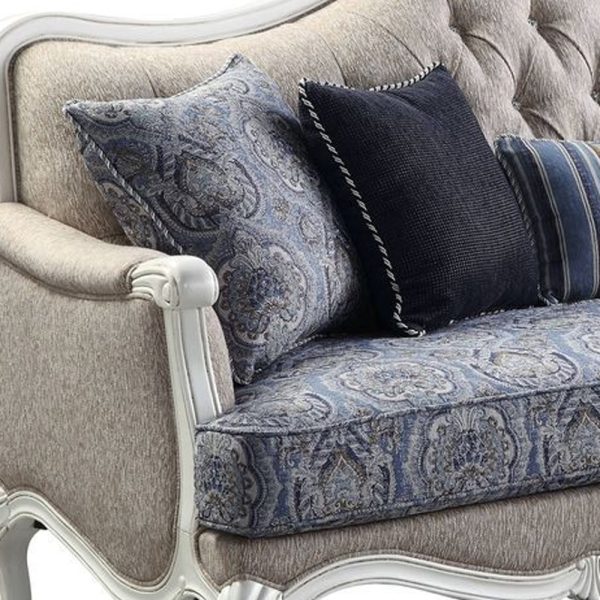 88" Cream Linen Damask Sofa And Toss Pillows With White Legs - Image 3