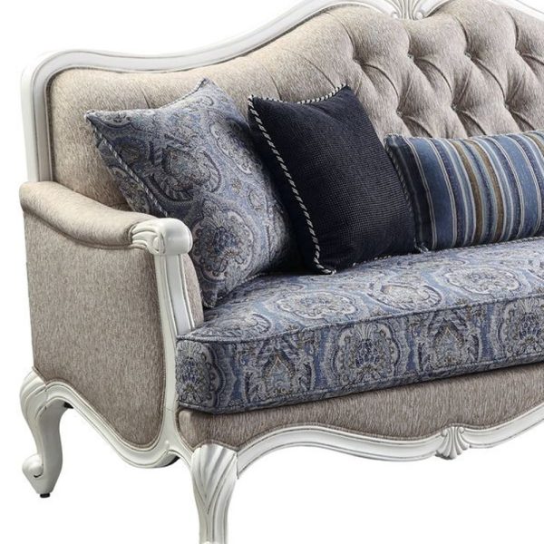 88" Cream Linen Damask Sofa And Toss Pillows With White Legs - Image 4